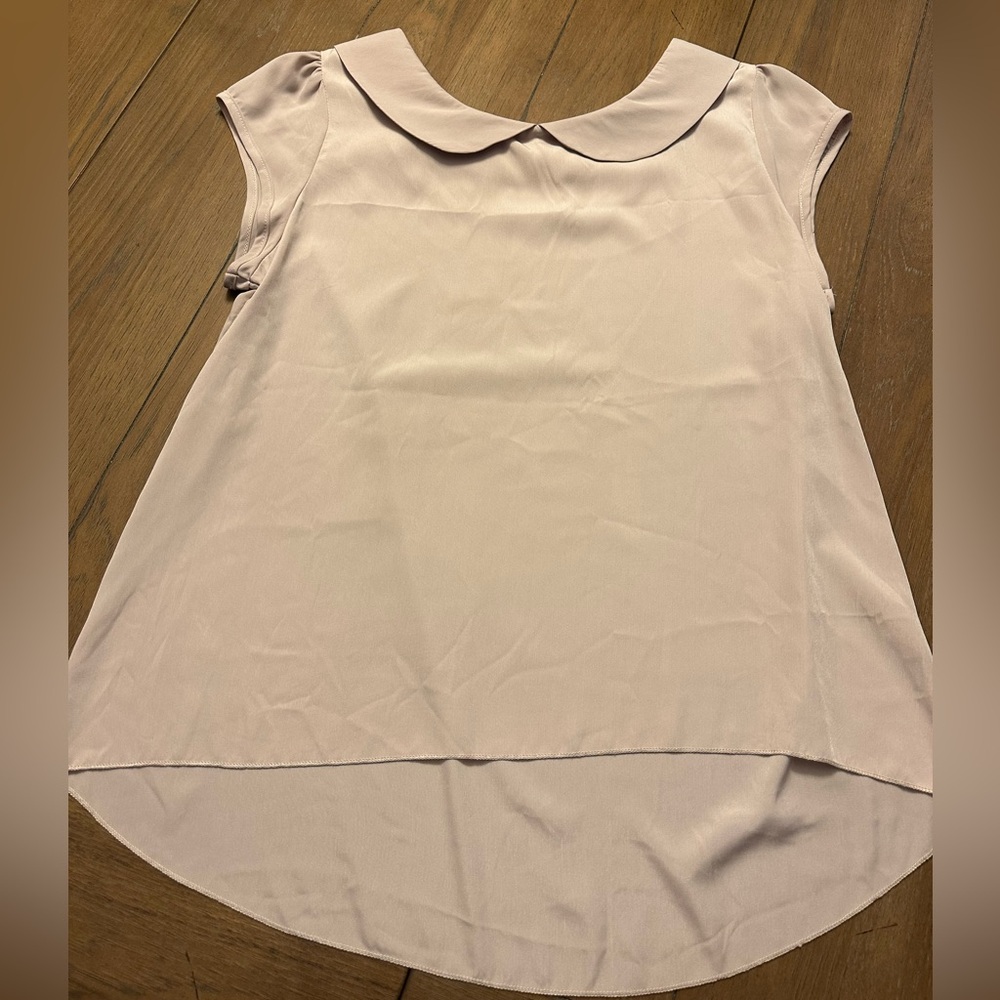 Beige Asymmetrical Blouse with Cap Sleeves and Peter Pan Collar